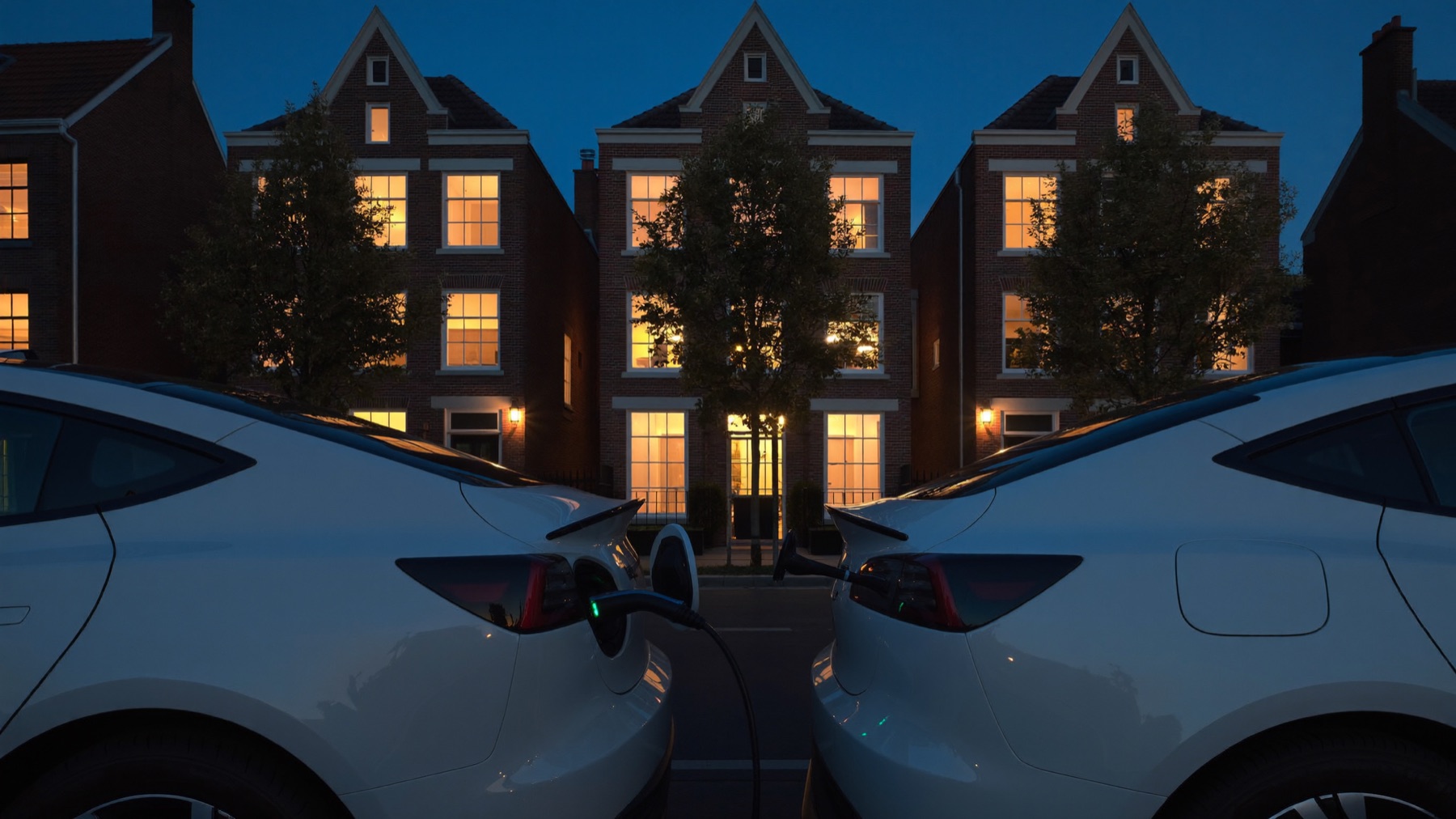 Elektrische auto laadt in de avond voor een woonhuis