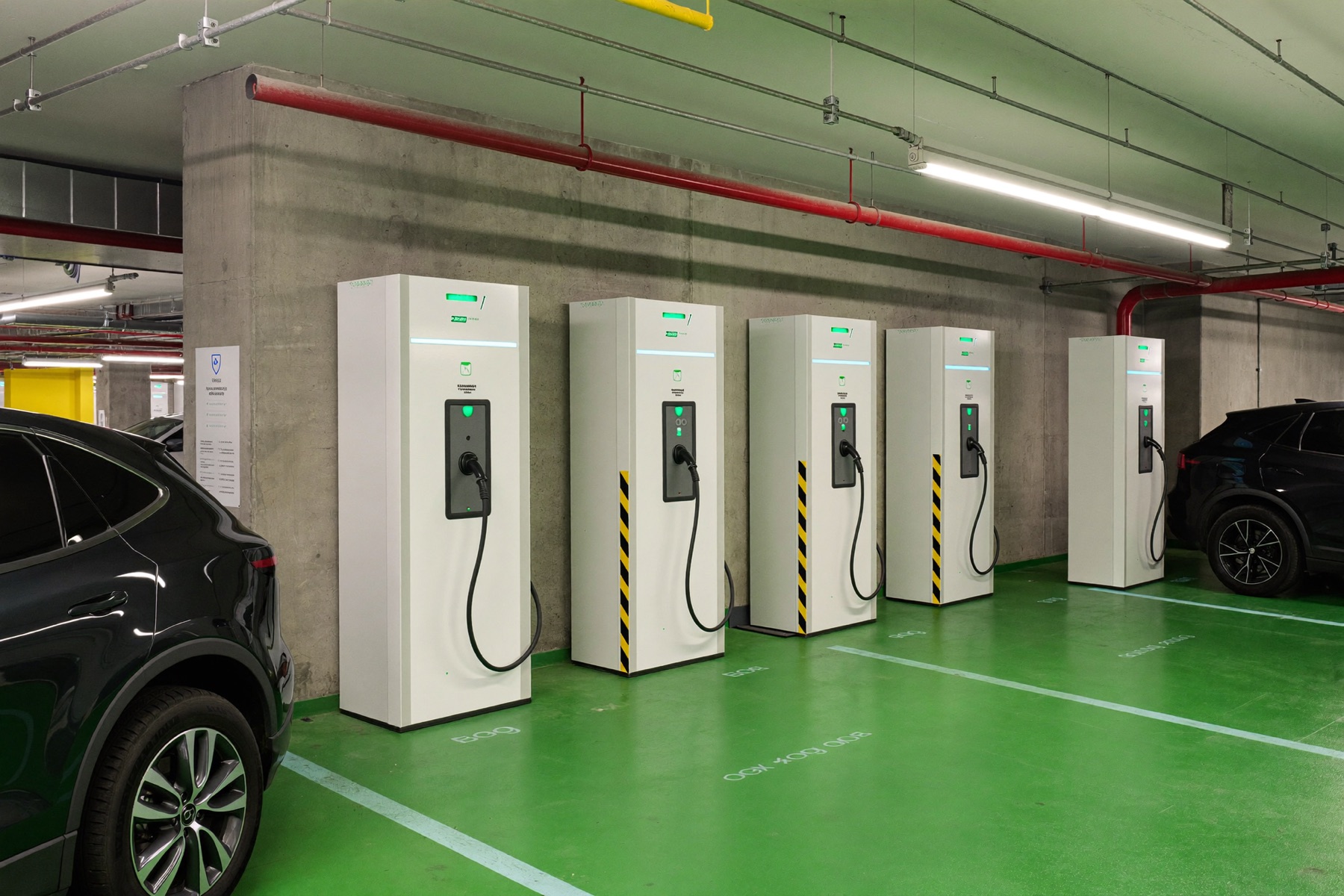 Underground parking garage of an HOA with a row of chargers